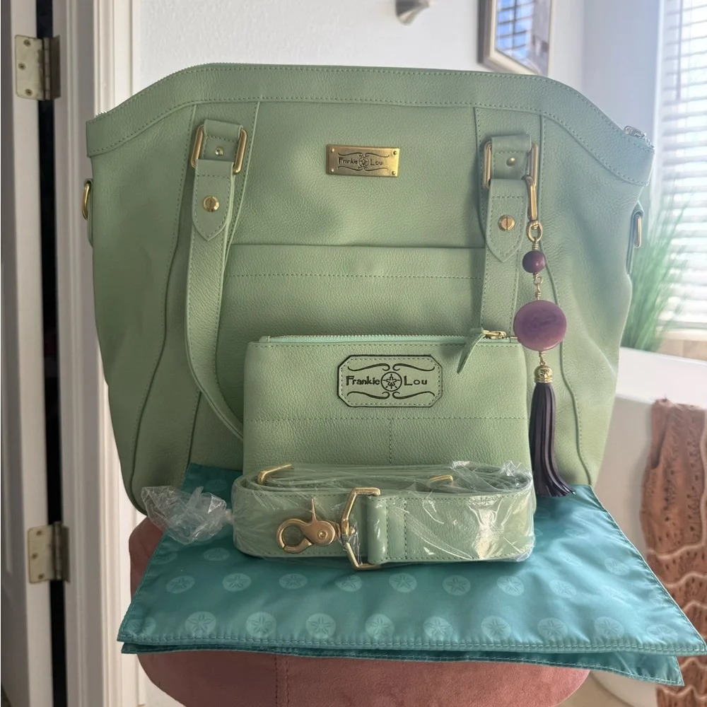 Frankie Lou Leather Joann in Pistachio Convertible Diaper Bag